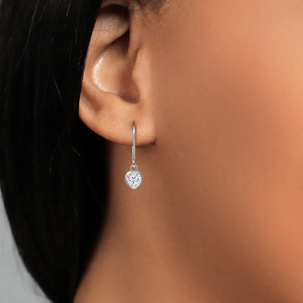 925 Sterling Silver 1.60 Cttw White Moissanite Heart Leverback Drop Earrings
